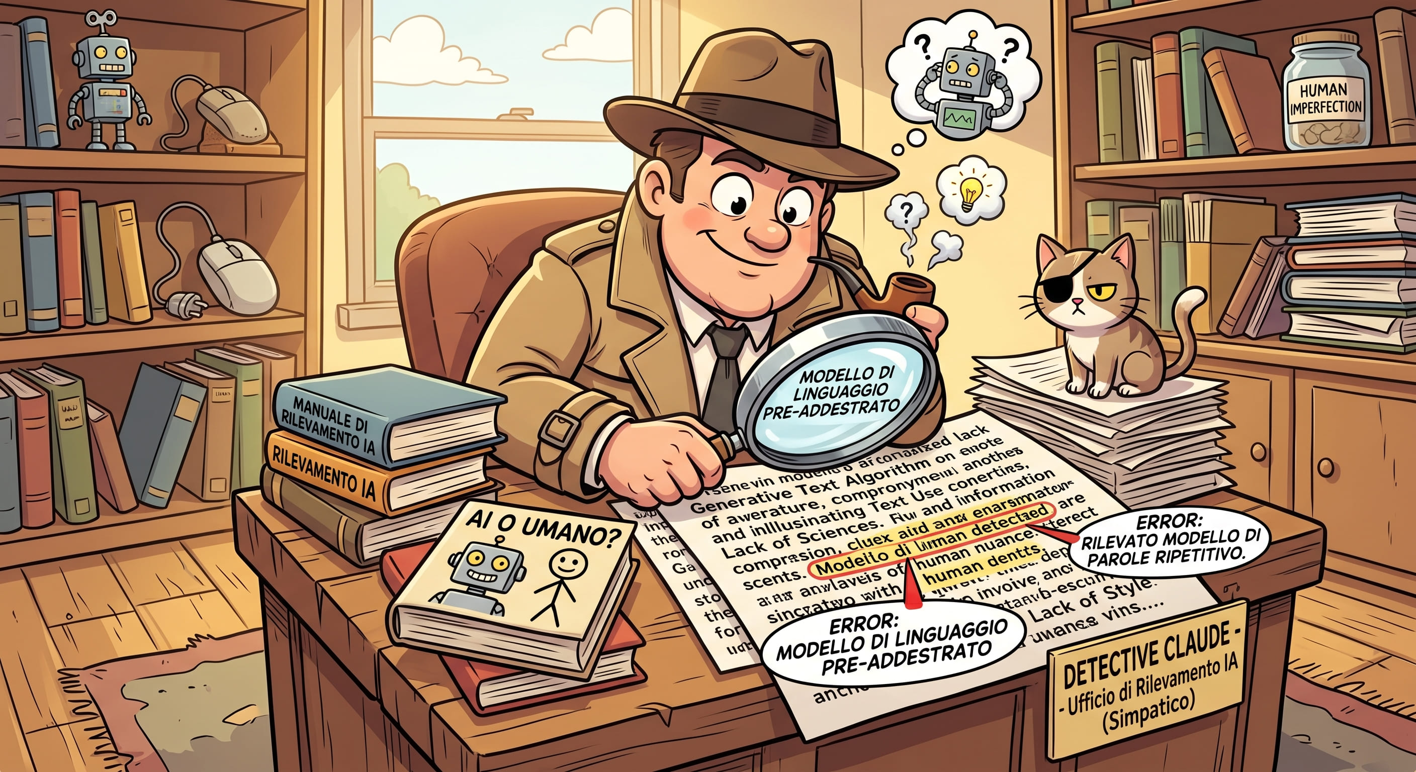 Detective Claude alla ricerca di indizi in un testo sospetto. L'ironia è voluta: anche l'illustrazione che vedete è stata generata con l'intelligenza artificiale, e come racconta questo stesso articolo, porta con sé un segno che dichiara da dove viene.  Immagine generata con l'intelligenza artificiale.
